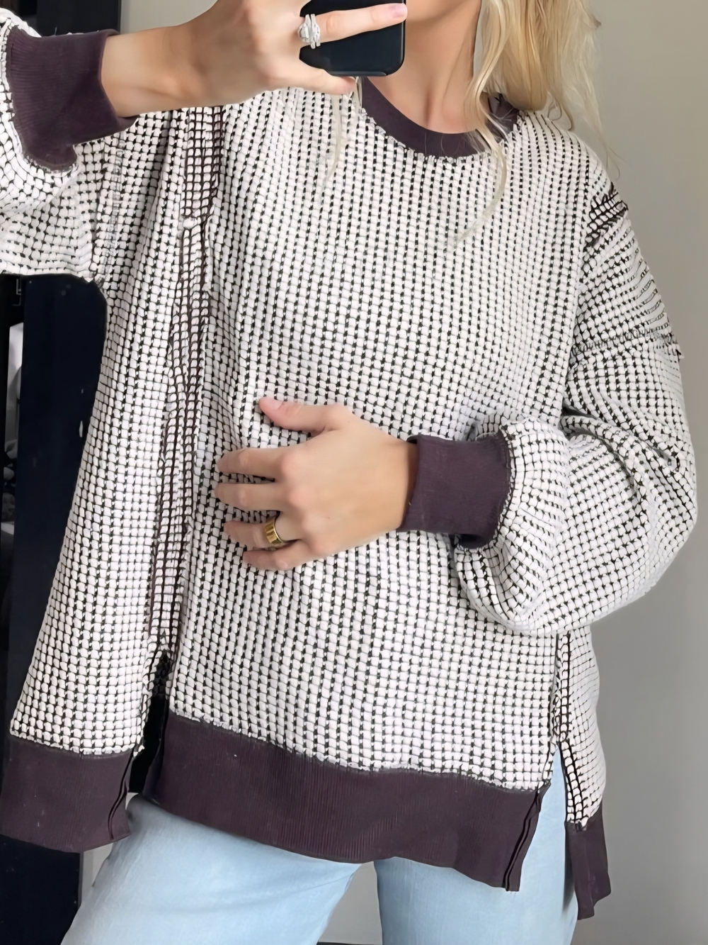 Waffle-Knit Crewneck Sweater with Contrast Trim in Cream and Dark Brown